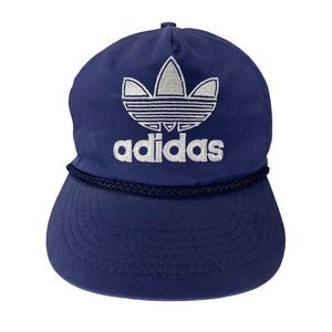 Vintage Adidas Hat 1980s Tre Foil Big Logo Snap Back Cap Navy Blue White Classic